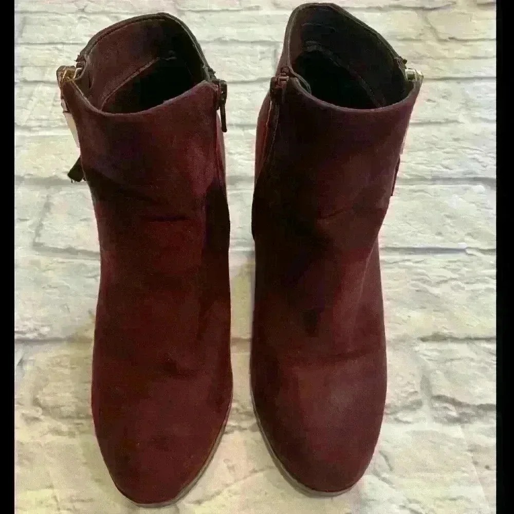APT 9 Womens Burgundy Suede Ankle Boots Chunky Heel Side Zip Fashion‎ Size 7